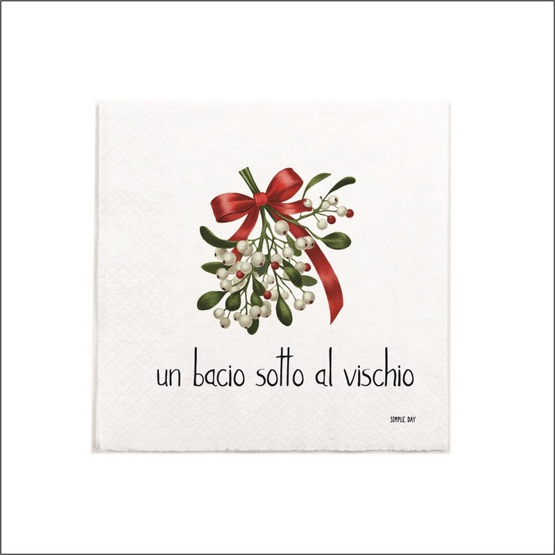 Set 20 tovaglioli di carta natalizi decorati con vischio e scritta “Un bacio sotto al vischio